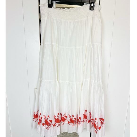 Old Navy White Tiered A-Line Maxi Skirt with Orange Embroidered Flowers Size XL - Picture 1 of 14